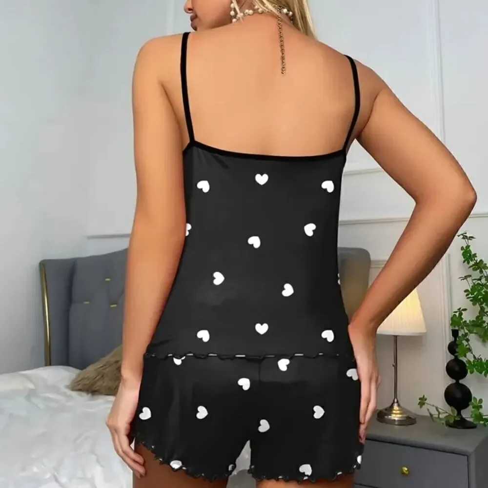 Black Heart Print Pajama Set – Stretchy Casual Sleepwear & Cozy Loungewear XL
